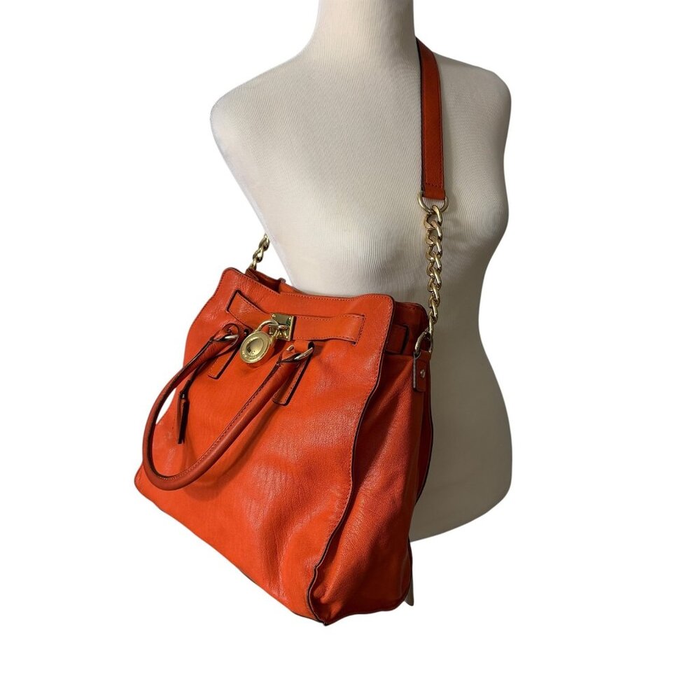 Michael Kors Large Hamilton Purse Hobo Bag North South Orange Leather Tote - Picture 2 of 9